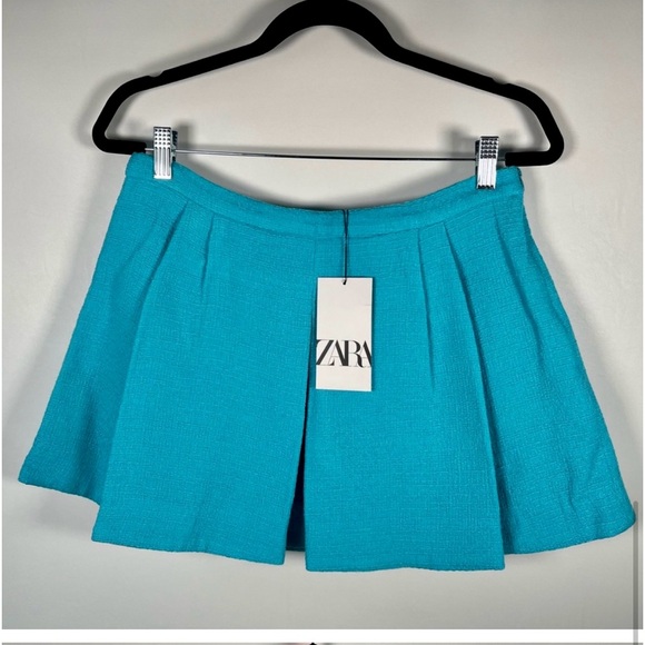 Zara NWT tweed  blue mini pleated skort / skirt with built in hidden shorts - Picture 10 of 12